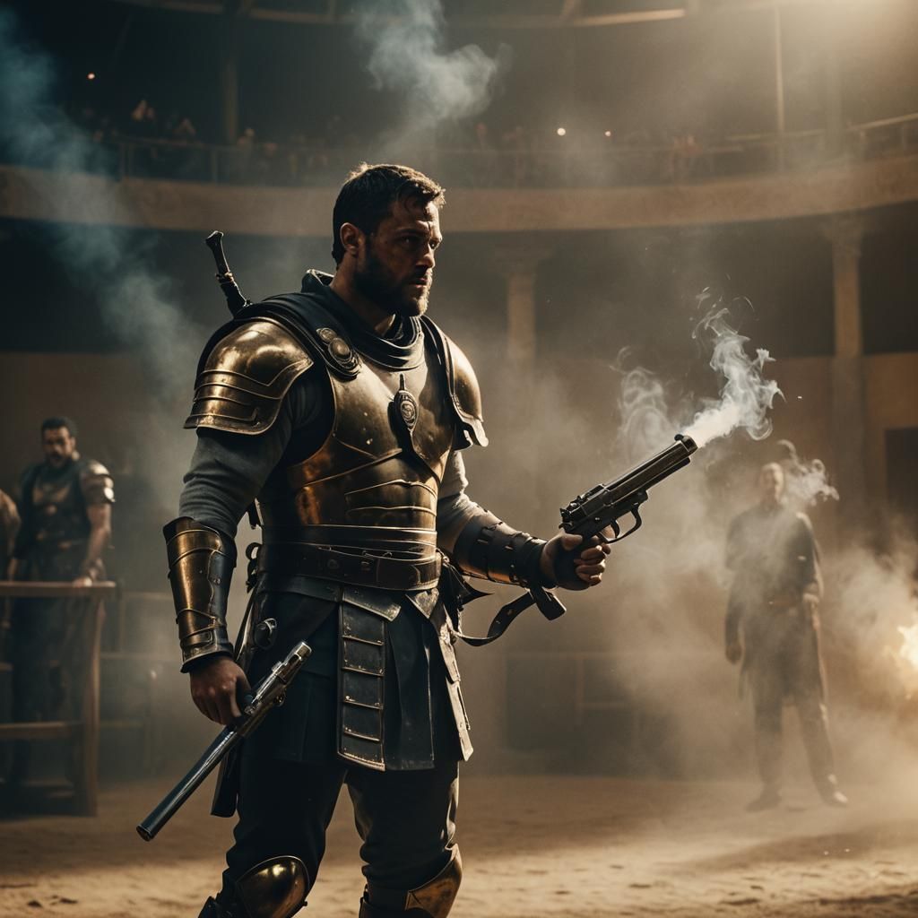 Gladiator in Suit with Gun: Cinematic Film Still