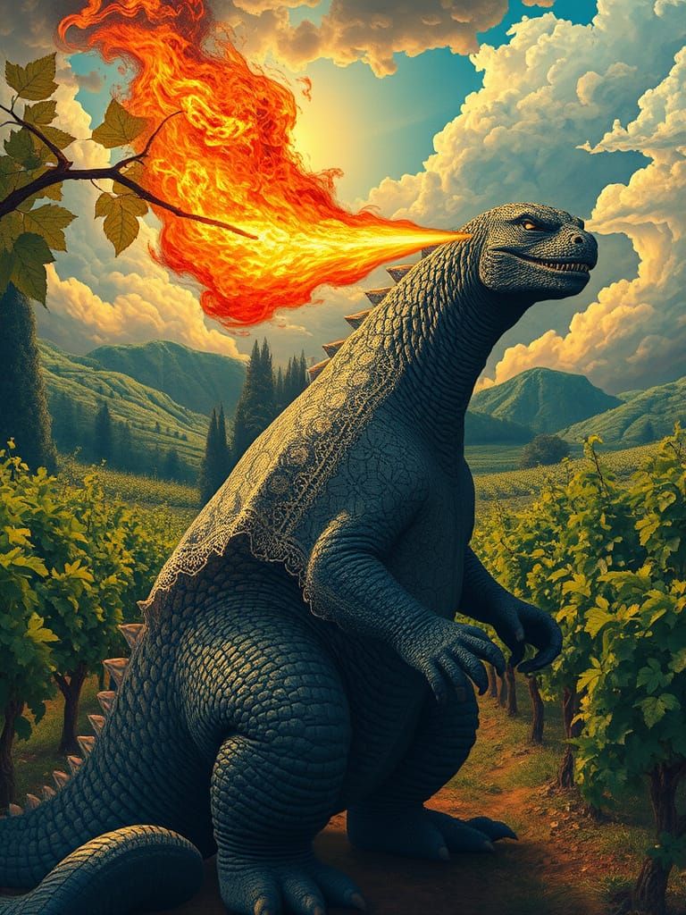 Godzilla Sets Vineyards Ablaze: Surreal Fantasy Art