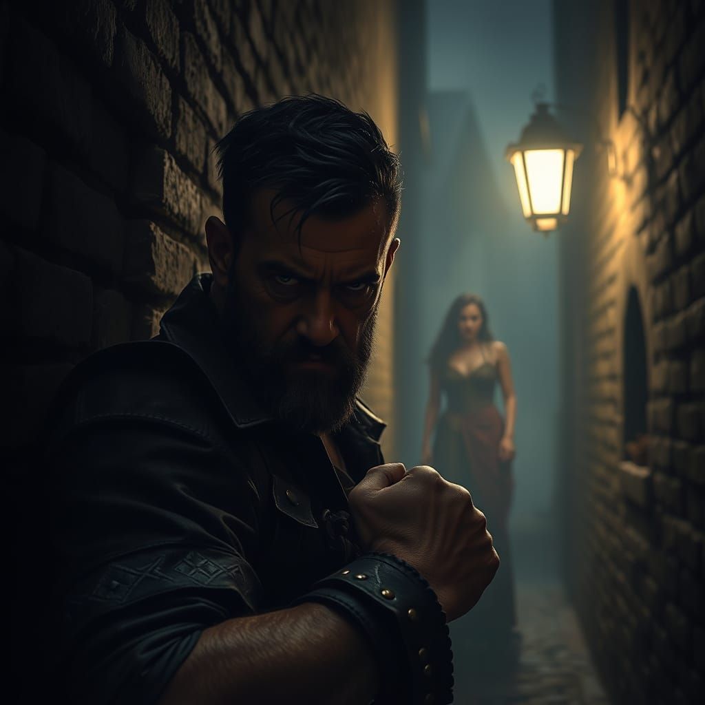 Dark Knight in Medieval Alleyway, Shadows of a Mysterious Wo...