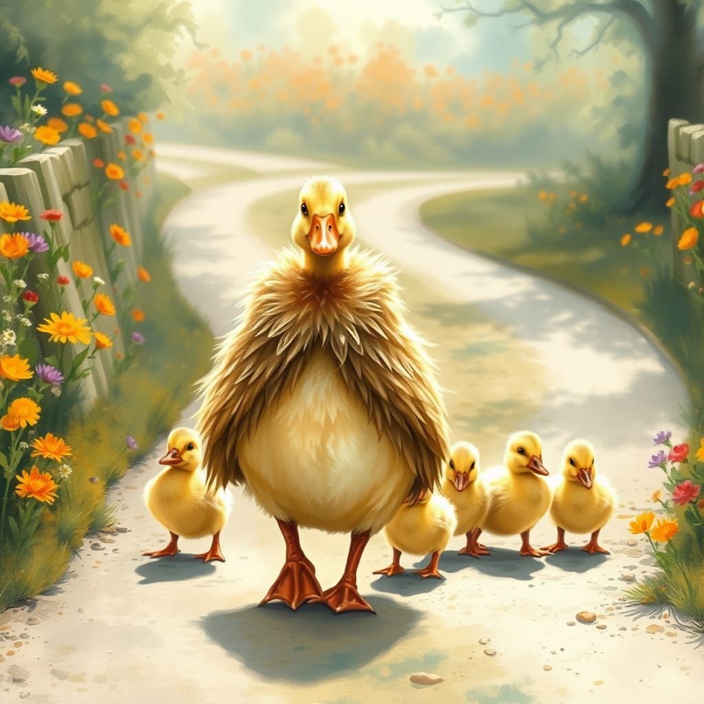 Whimsical Mama Duck and Ducklings Stroll through Wildflower ...
