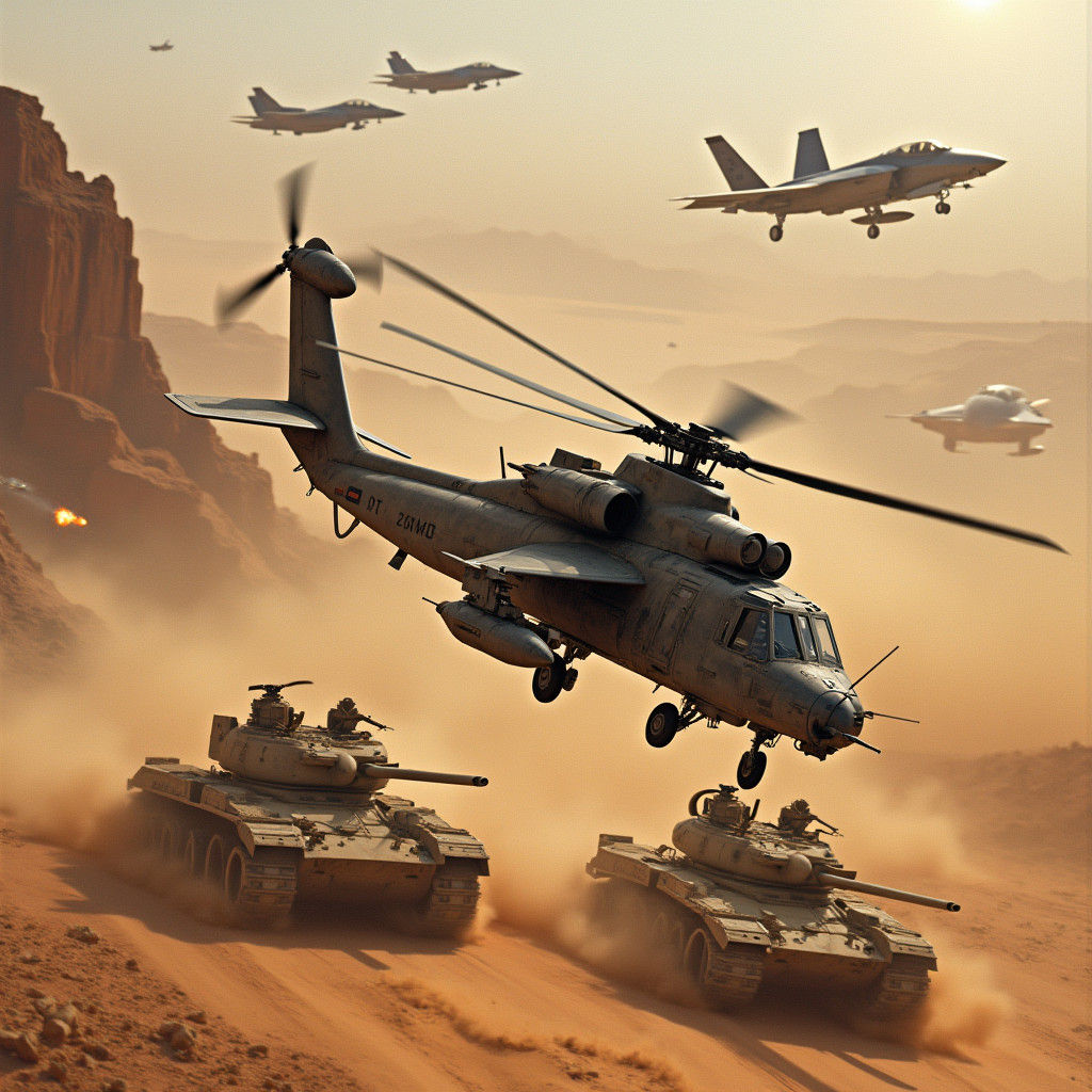 Military Helicopters Attack Tanks in Desert Landscape