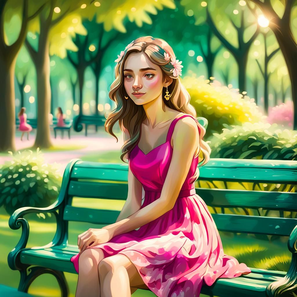 Woman in Pink Dress in Lush Park, Fantasy Art