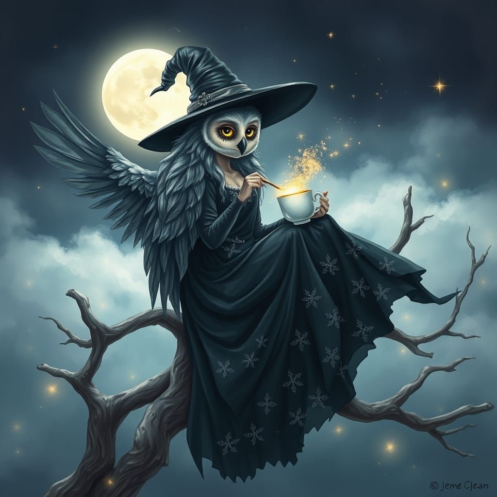 Whimsical Owl Witch Under the Full Moon
