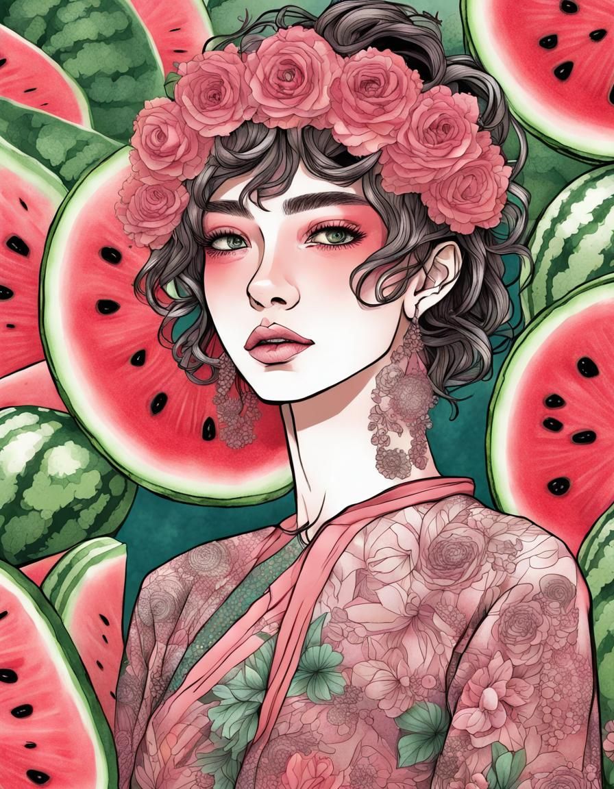 Harmonious Woman in Manga Style with Tourmaline Dress