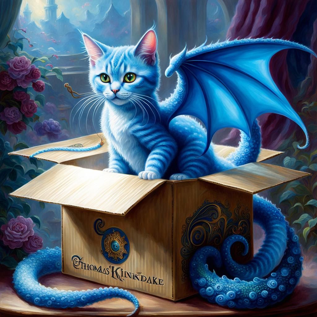 Blue Dragon Cat with Tentacles in Cardboard Box