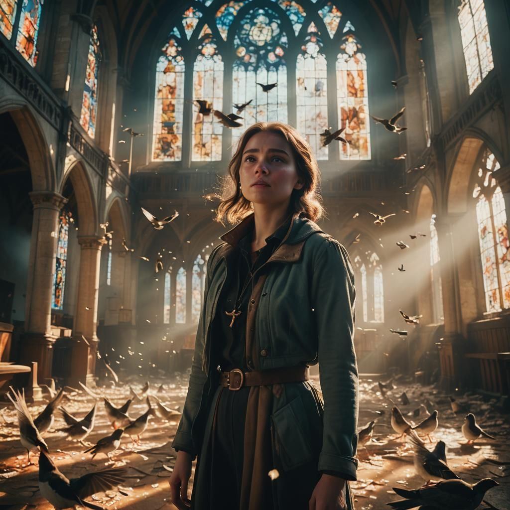 Emma Surrounded by Birds in Abandoned Church