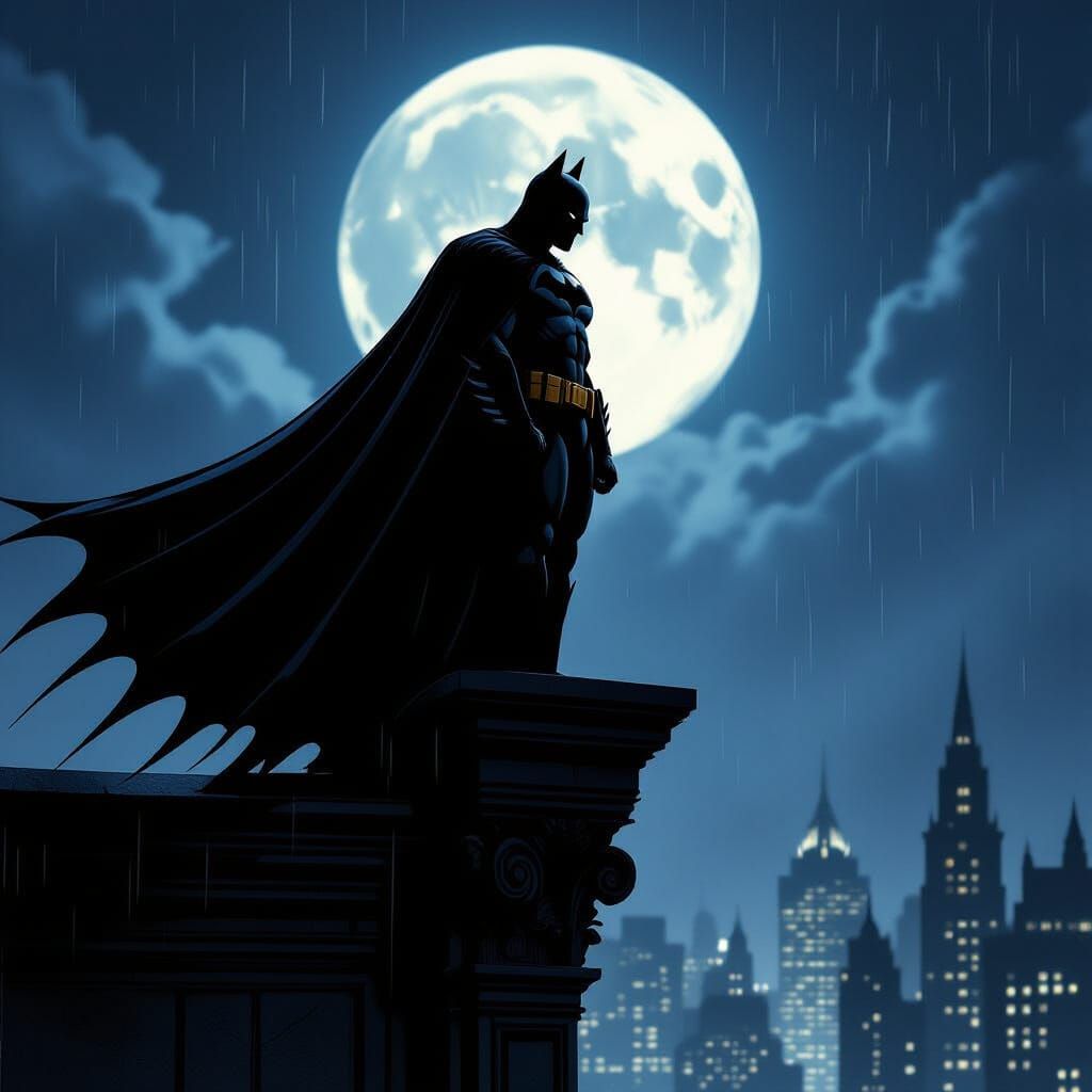 Batman Silhouette Over Gothic Gotham City