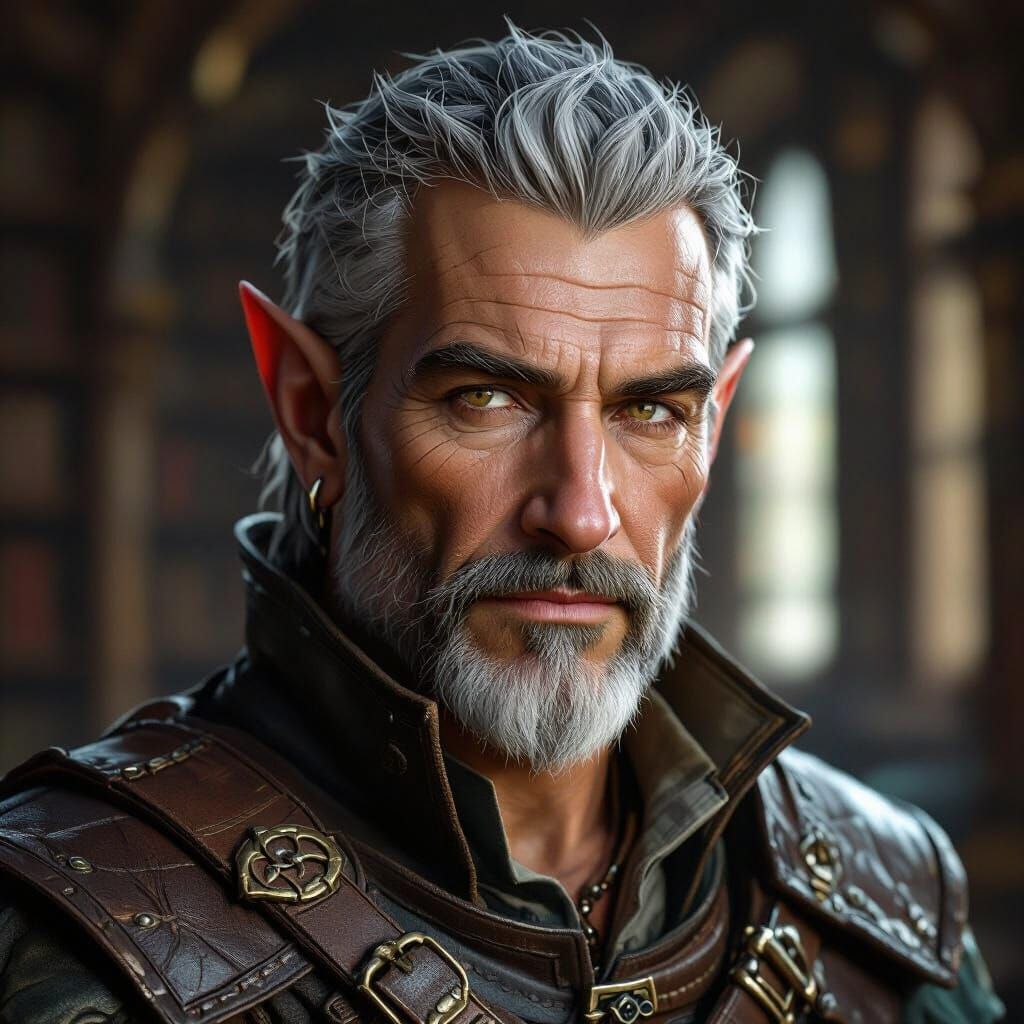 Half-Elf Bard in Library, Fantasy Art Style