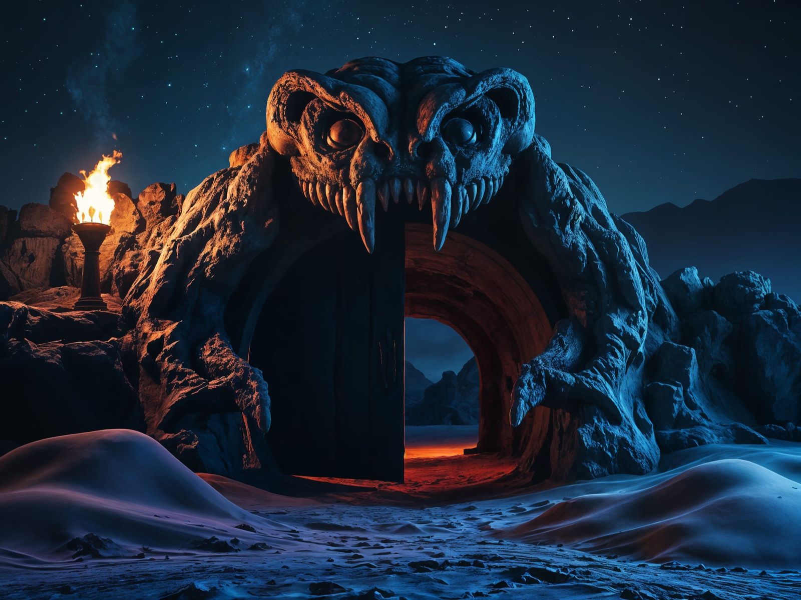 Monster Gateway Ruins Under Starry Night Sky