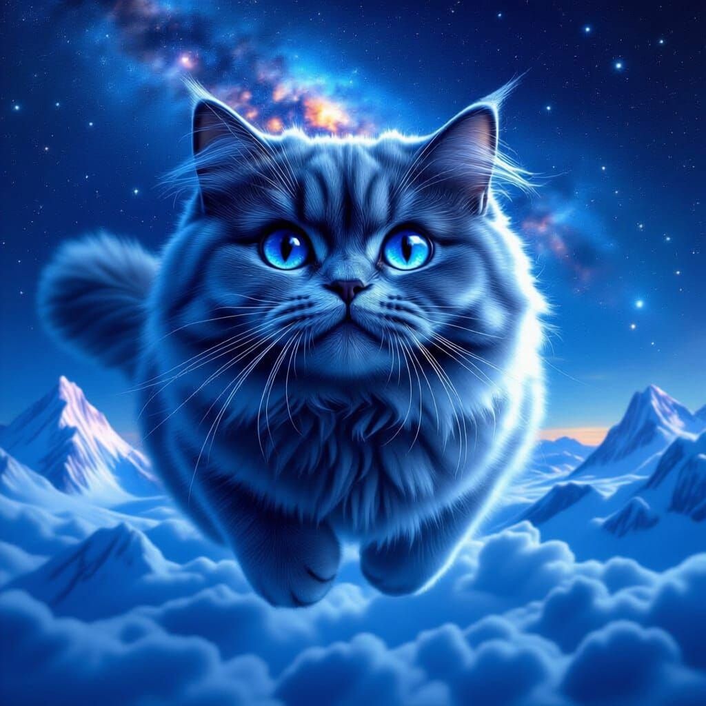 Smiling British Shorthair Cat Head Floats in Cosmic Night Sk...