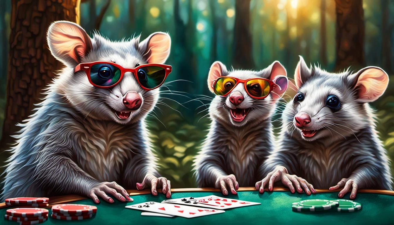 Opossums Playing Poker in Forest: Hyperrealistic Art