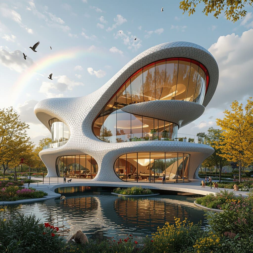 Futuristic Flower Building by Lake in Organic Architecture S...