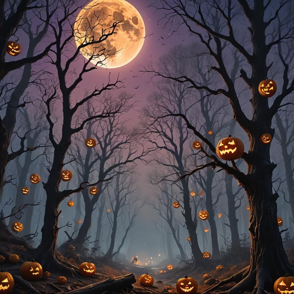 Wolves Howling in Halloween Forest Landscape