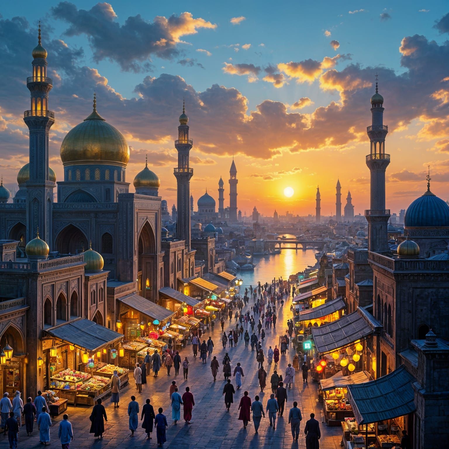 Baghdad Sunset: Golden Domes in Animated Style