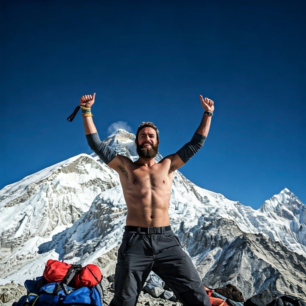 Triumphant Everest Ascent of Shirtless Bearded Man
