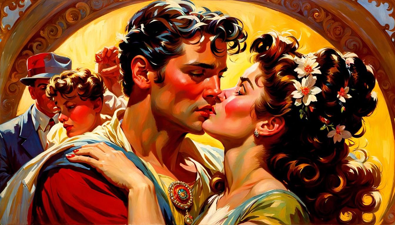 Romantic Embrace in Art Nouveau Style