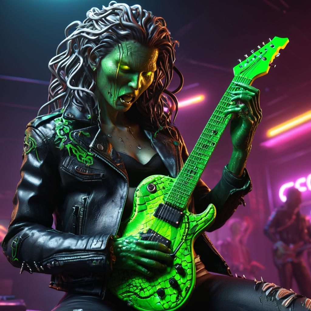 Cyberpunk Medusa Plays Electric Guitar in Neon Light