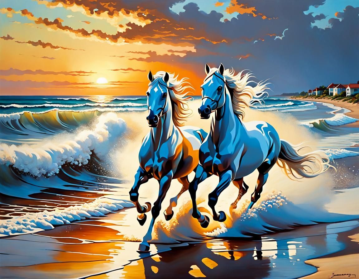 White Horses Galloping on Beach: Oil Painting