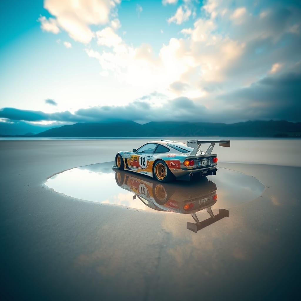 Racing Car Dreamscape: Double Exposure Beach Scene