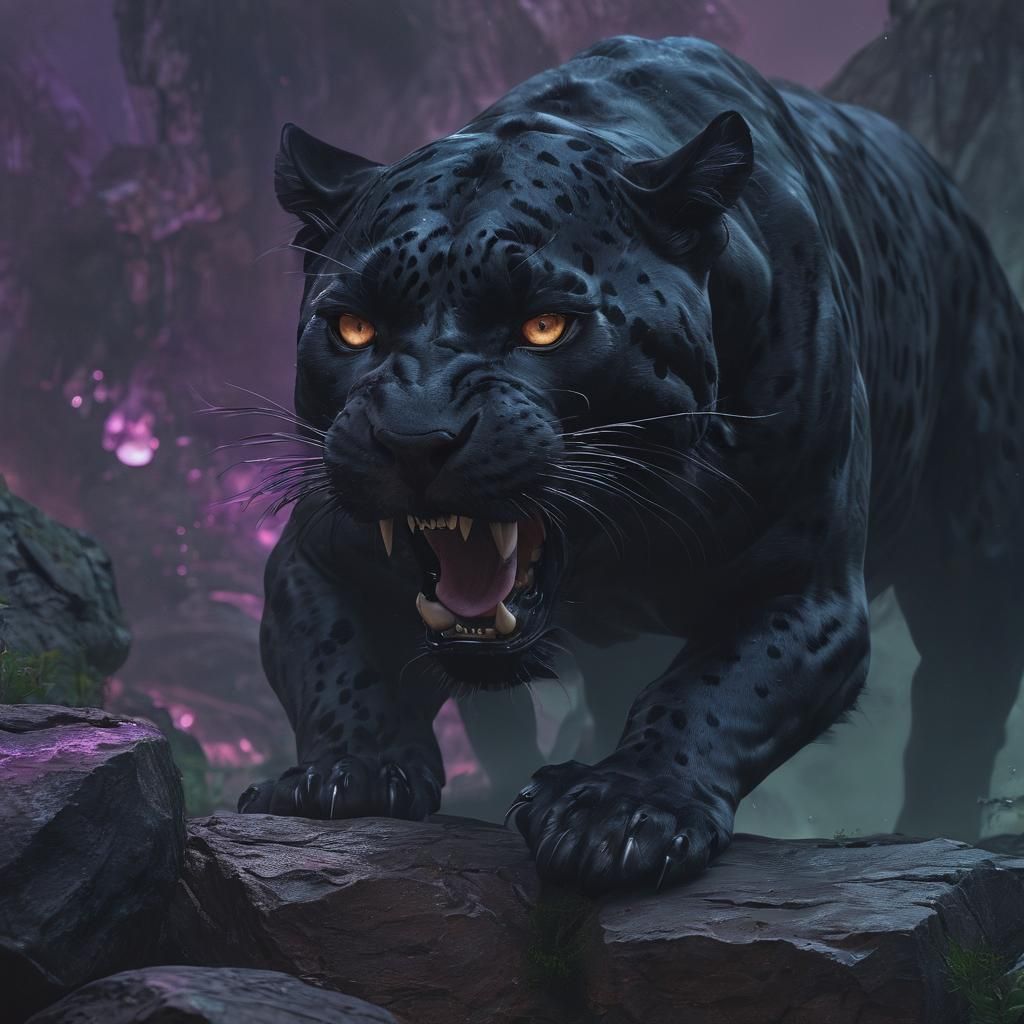 Sinister Black Jaguar with Glowing Eyes, Fantasy Art