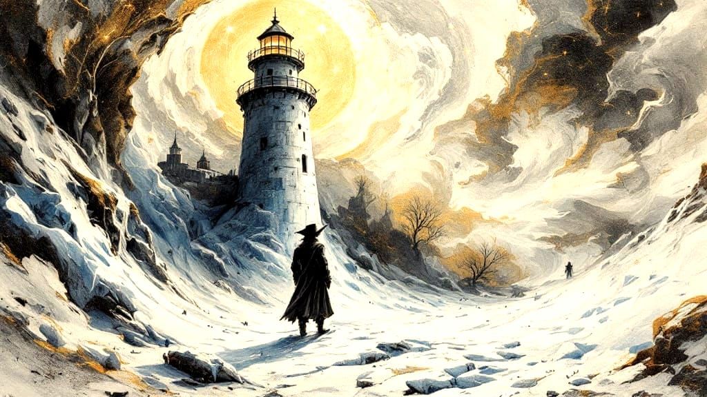 Icy Lighthouse Scene in Surrealist Charcoal Style