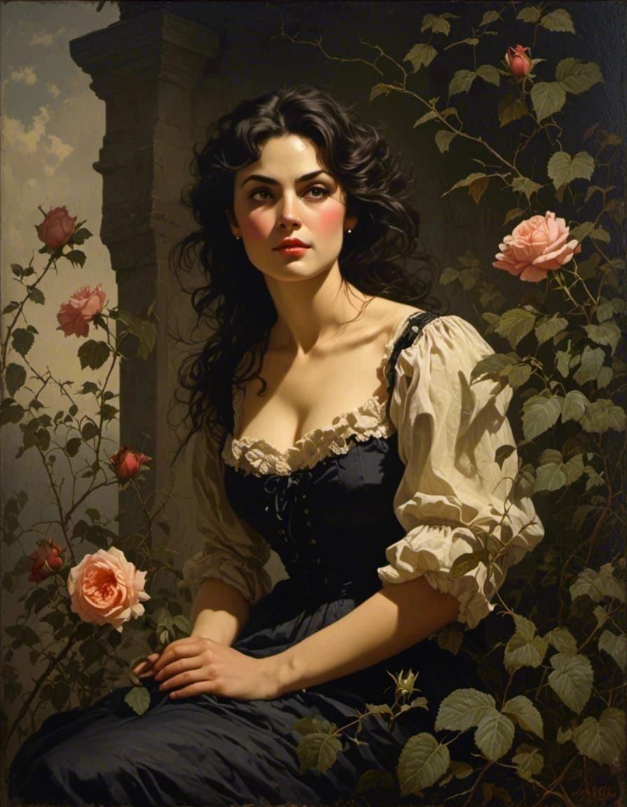Vintage Oil Painting: Woman in Castle with Roses