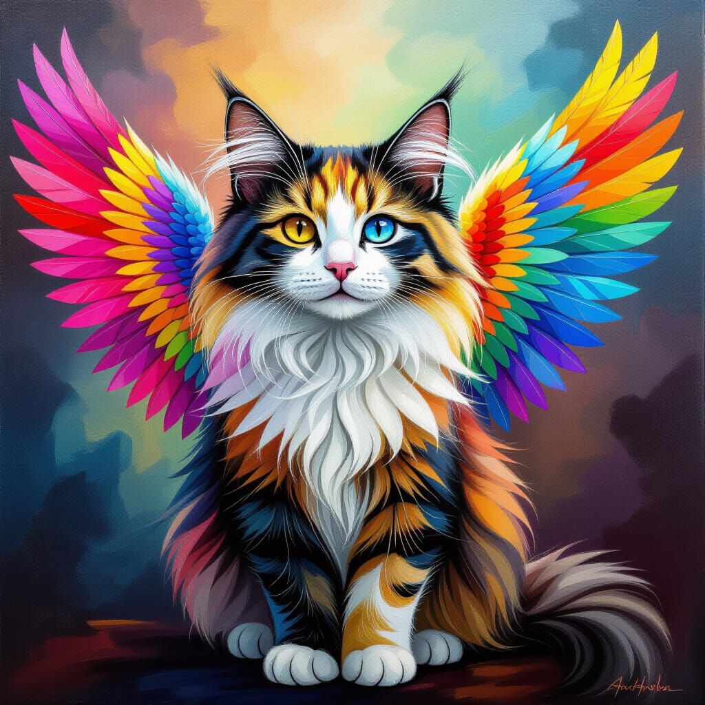 Rainbow Winged Cat in Hyperdetailed Oil Painting