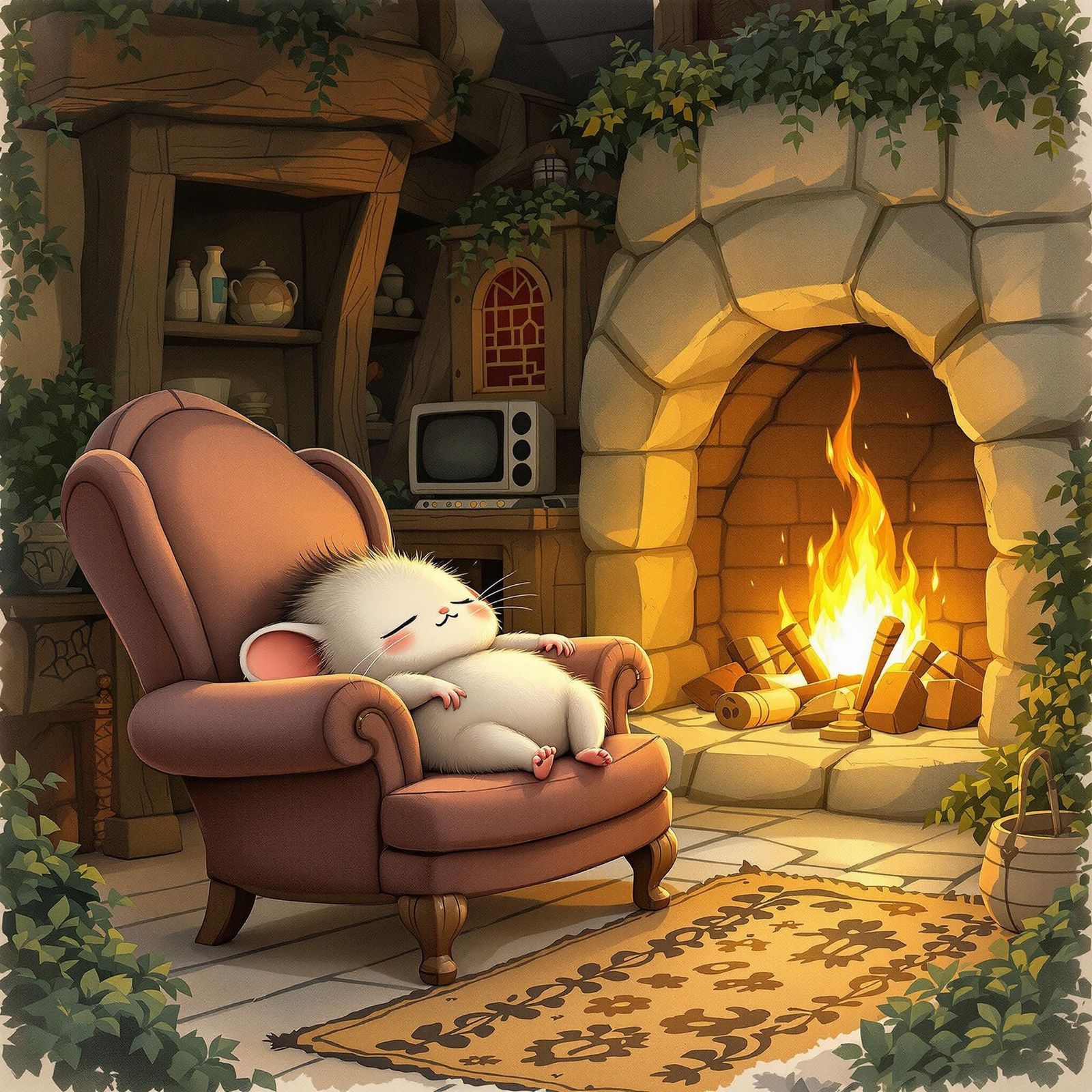 A Mouse in a Cozy Fireplace Scene