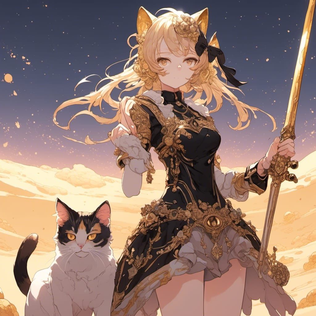 Anime Cat-Girl with Greatsword on Golden Sand