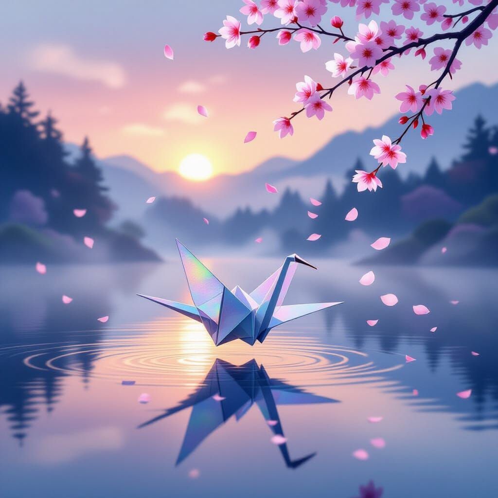 Iridescent Origami Crane Above Misty Lake at Dawn