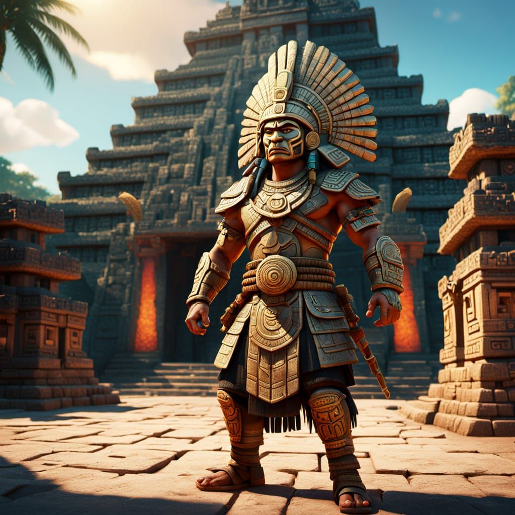 Mayan Warrior Before Temple in Vibrant 3D Art