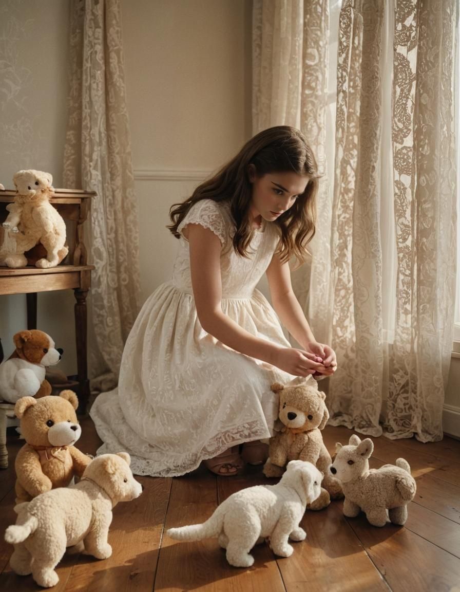 Nostalgic Girl with Stuffed Animals in Sepia Tones
