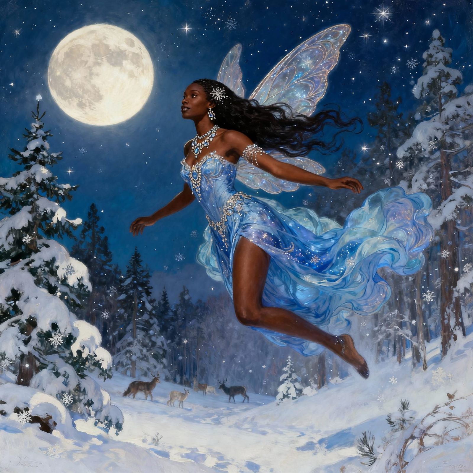 African American Snow Fairy in Moonlit Forest