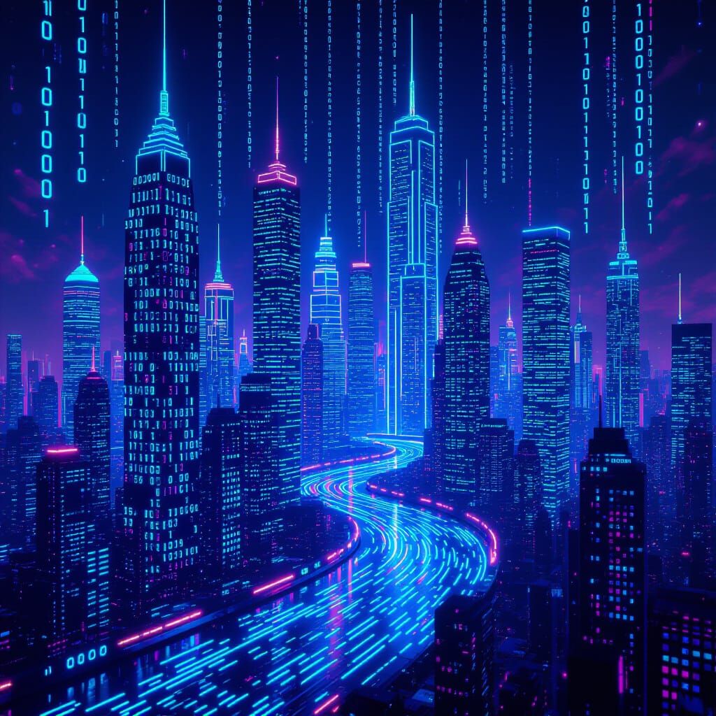Futuristic Cyberpunk Cityscape of Binary Code