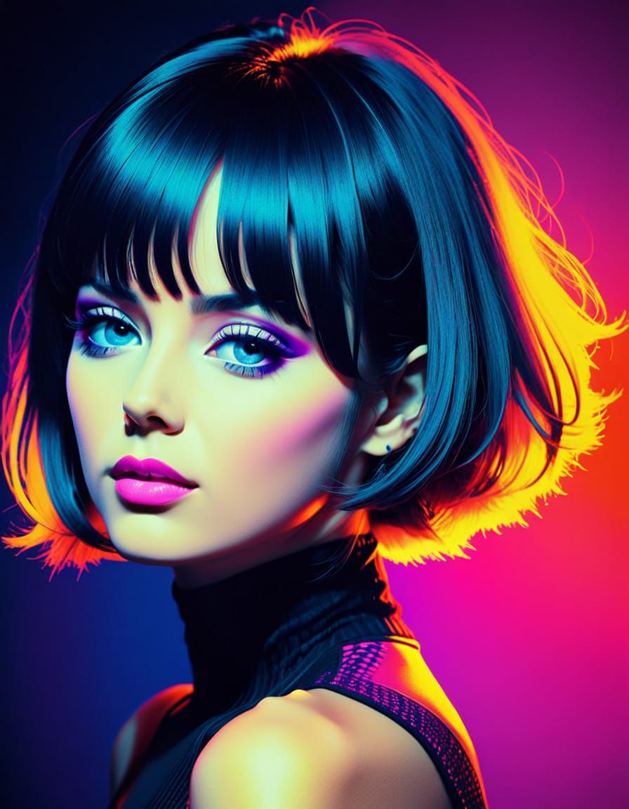 Neon Glitch Portrait in Blacklight Poster Style