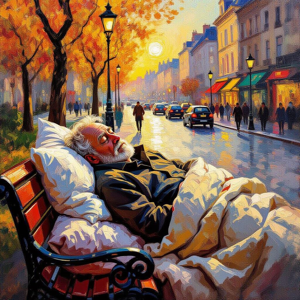 Elderly Man Sleeps on Park Bench in Golden Hour Light