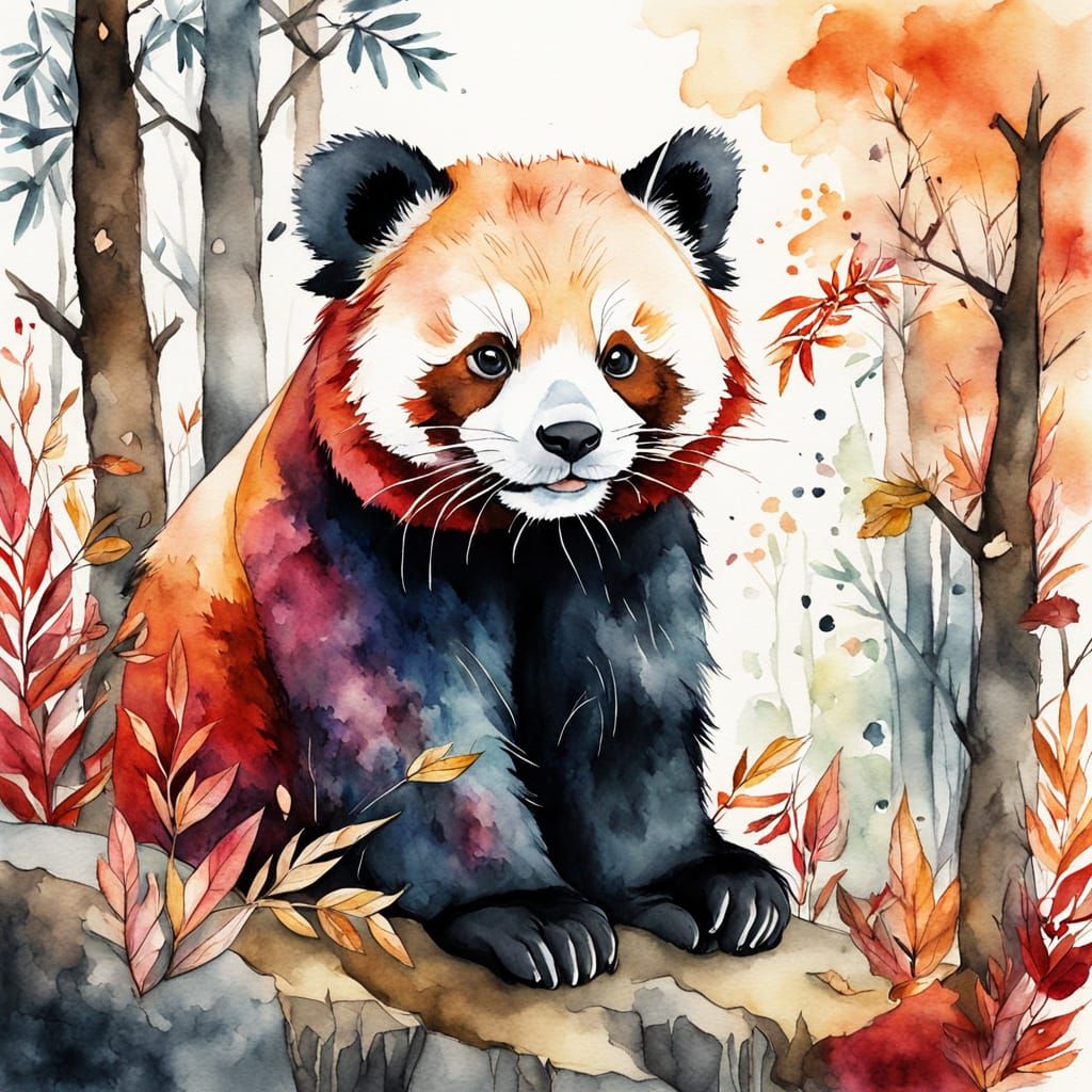 Red Panda Adventure in Himalayan Forest as Alcohol Ink Art