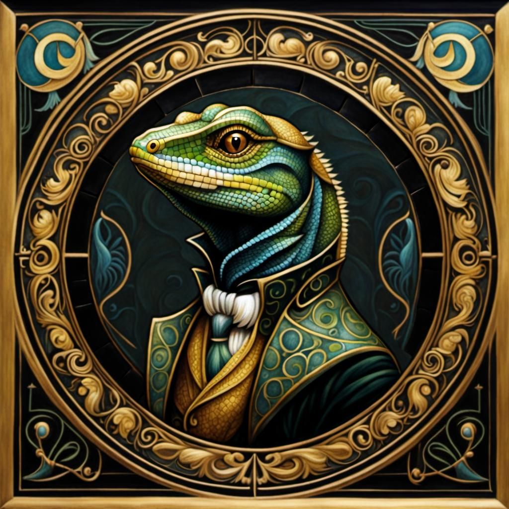 Anthropomorphic Lizard in Chalk Art Nouveau Mosaic