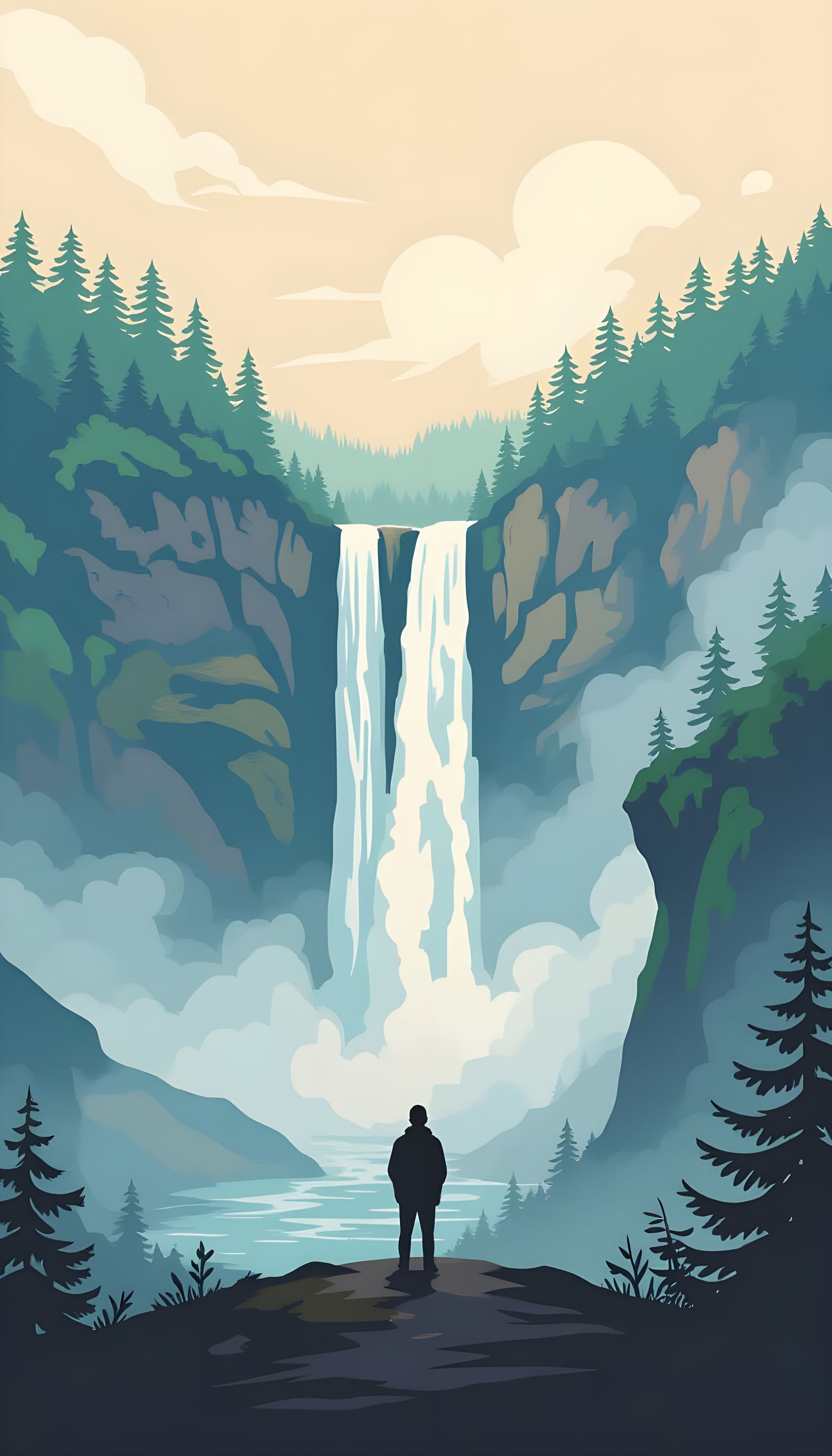 Waterfall Figure in Post-Impressionist Landscape Style