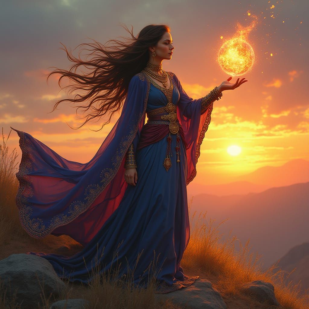 Regal Sorceress on Windswept Mesa at Sunset