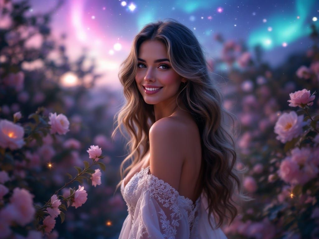 A Beautiful Woman Strolls Under a Starry Night Sky