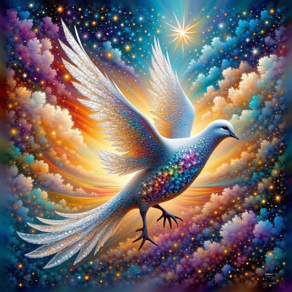 Ethereal Dove in Christmas Wonderland with Swirling Rainbow
