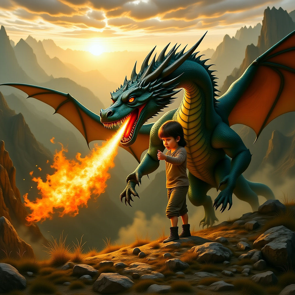 Dragon Guardian Protecting Child in Sunset Valley