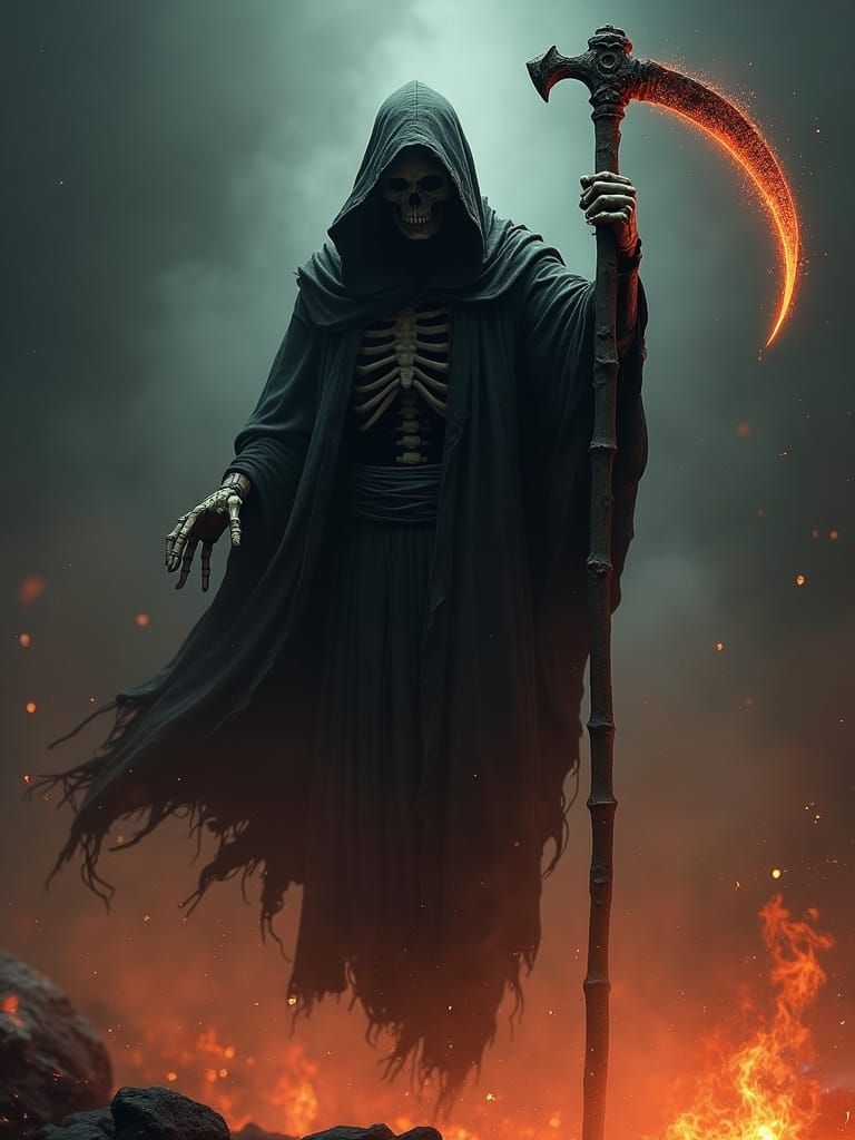 Grim Reaper with Scythe in Dark Cinematic Style