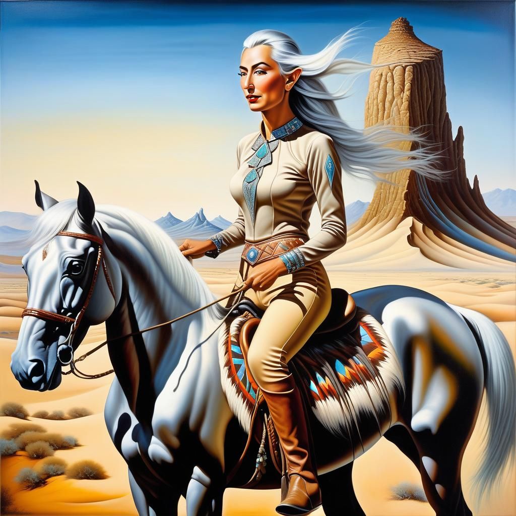 Surreal Elf Rider in Desert Oil Painting