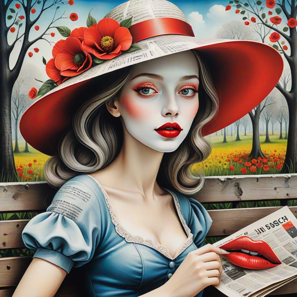 Surreal Lady on Newspaper Bench with Vibrant Flowers