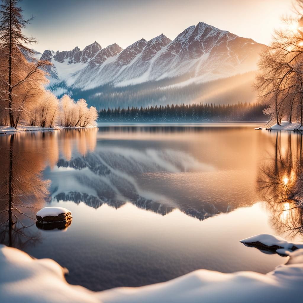 Majestic Snowy Lake and Mountain Landscape