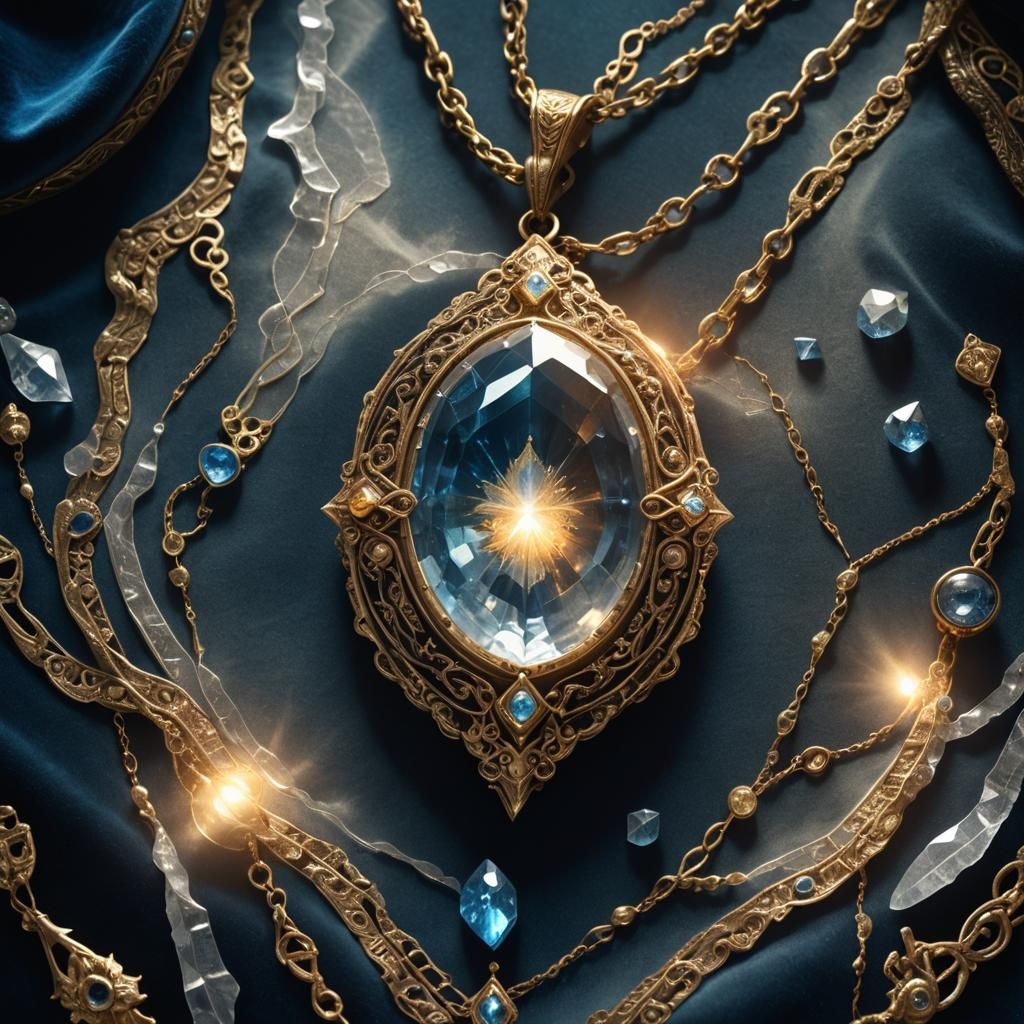Glowing Crystal Pendant Surrounded by Mystical Artifacts