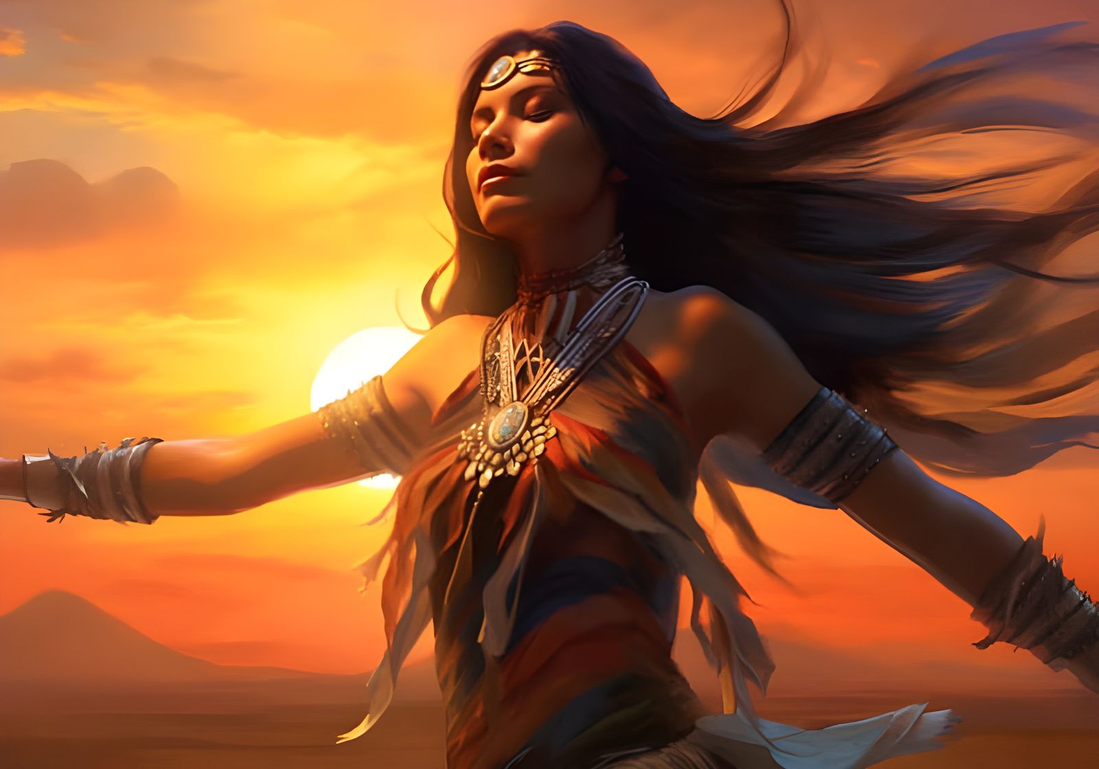 Mystical Native American Woman Dancing in Sunset
