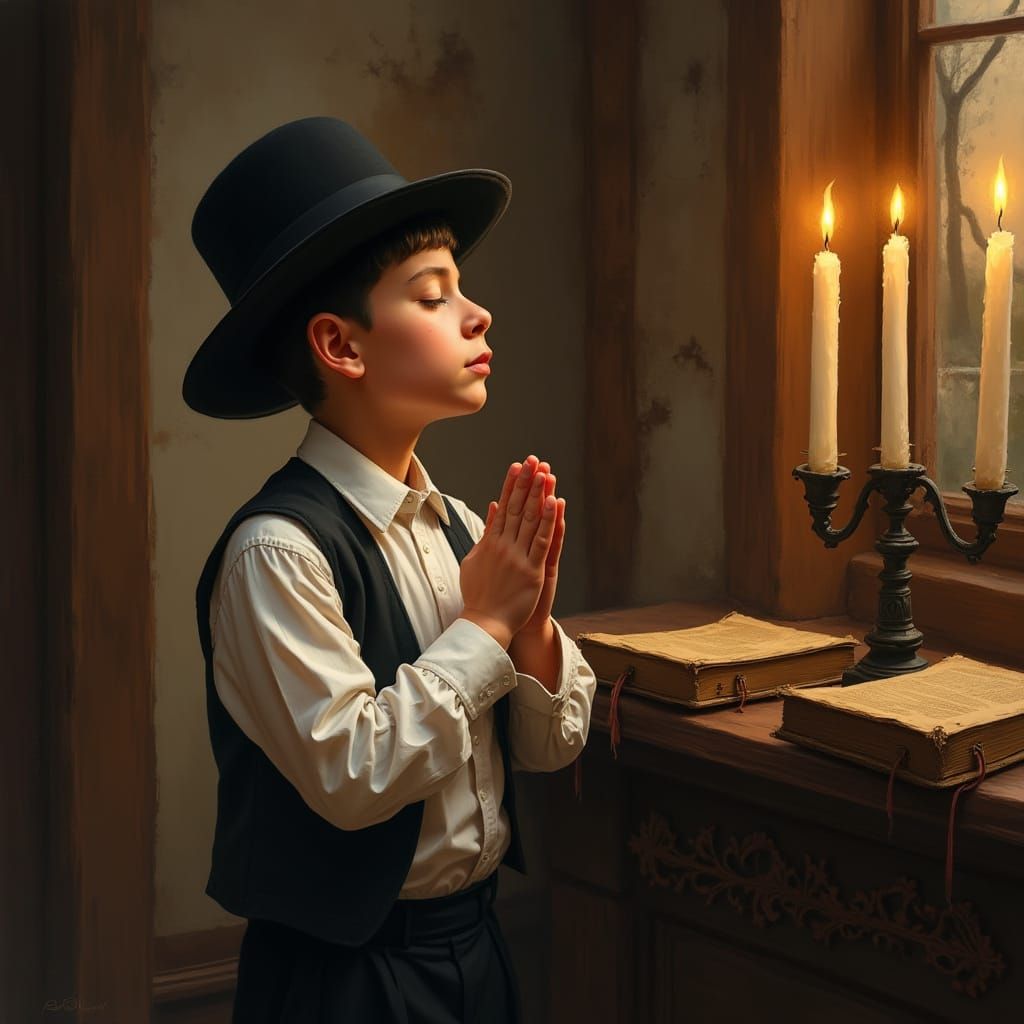 Devout Jewish Boy Prays in Candlelit Synagogue